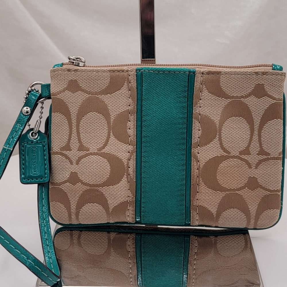 Coach Signature Optic Tan and Green Small Wallet Wristlet